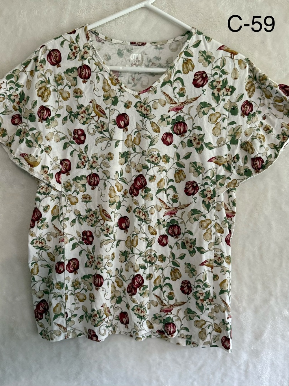 Women's Floral V-Neck Short Sleeve Tee - White with Red & Green
